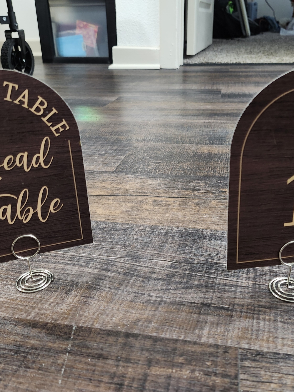 Brown & Gold Table Number Cards with Silver Stand/Placecards/Clear Mini Stands